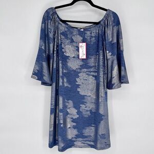 Metallic Blue Boho Bell Sleeve Off Shoulder Women's Dress NWT Small Joy Joy